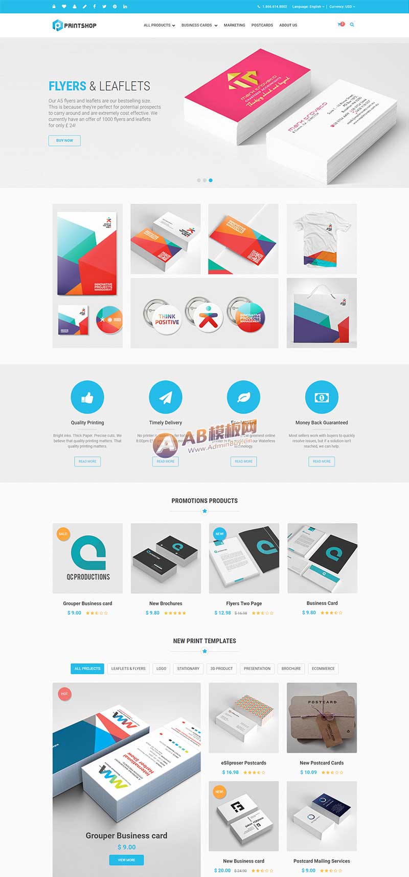 蓝色的响应式名片印刷网站模板 VI广告设计公司html5静态模板插图